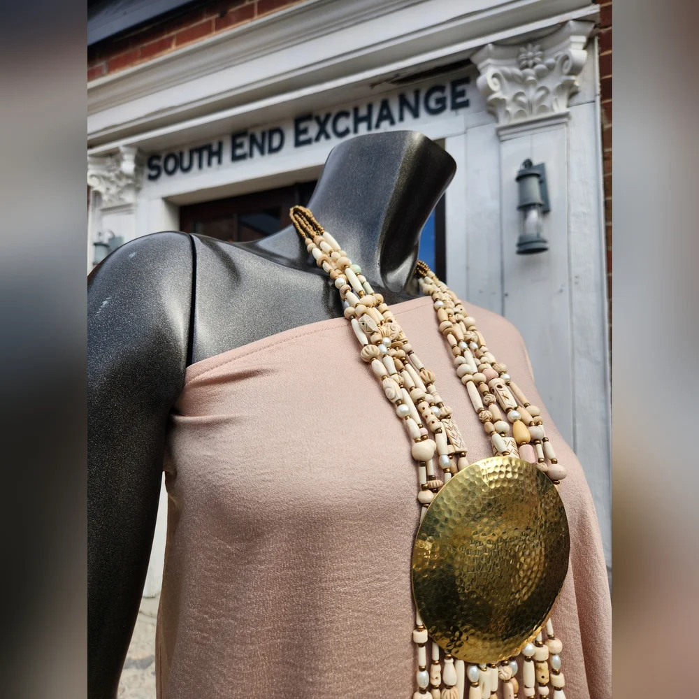 Neutral Beaded Statement Necklace with Bold Medallion ๐ - Picture 10 of 17